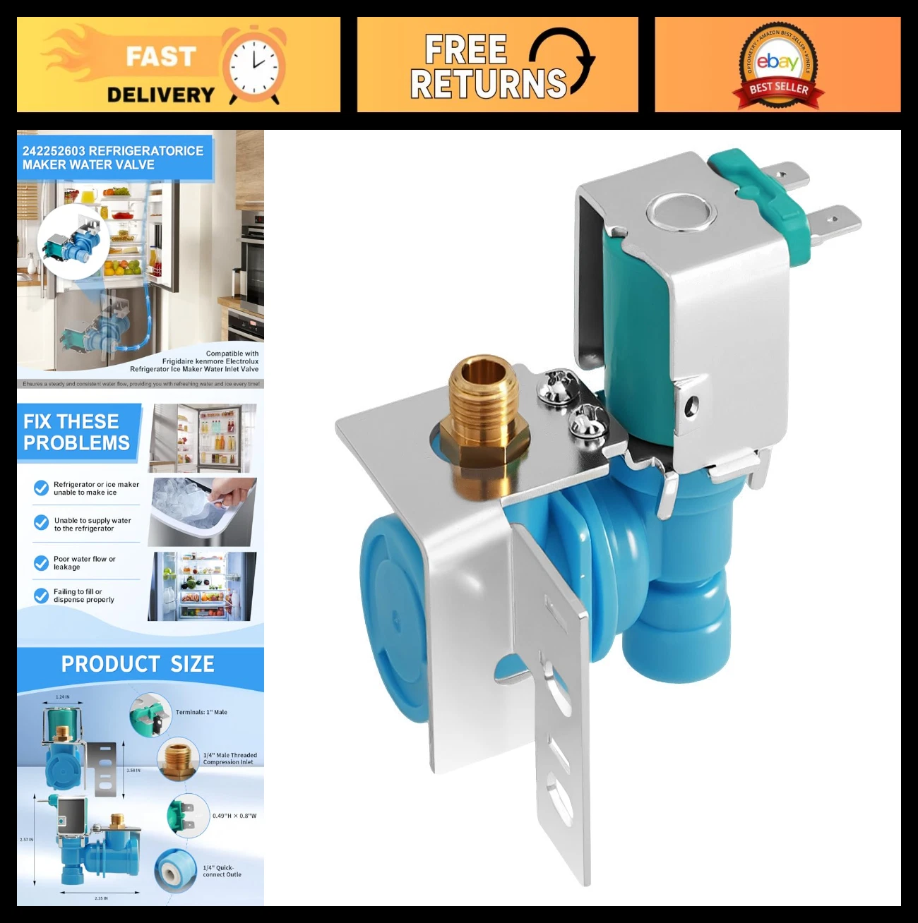 Refrigerator Ice Maker Water Inlet Valve Replacement for Electrolux Frigidaire K