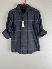 NWT Perry Ellis Men’s Plaid Shirt M Black Gray Cotton Long Sleeve Casual
