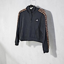 adidas Women  s Black Fleece Pullover Hoodie Leopard 3-Stripes, Pockets, L