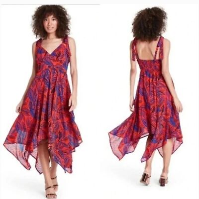 Alexis x Target Wmn's Lg Bright Topical Leaf Asymmetric Midi Dress Tie Shoulder