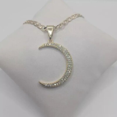 0.30Ct Round Cut Real Moissanite Half Moon Women Pendant 14K White Gold Plated