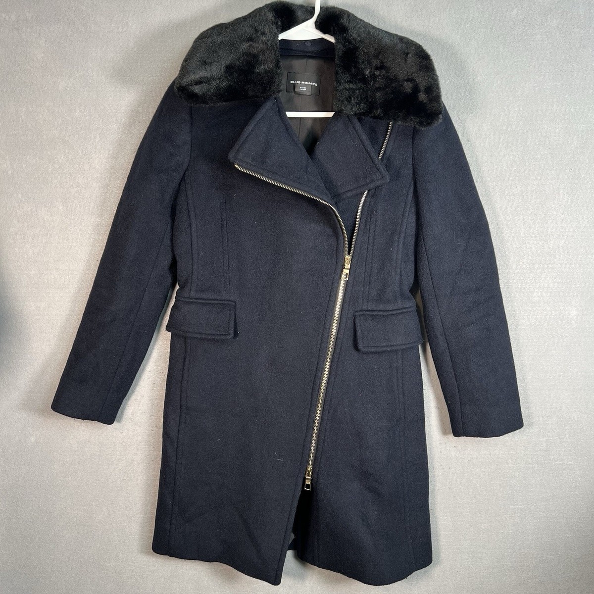Club Monaco Wool Josette Faux Fur Removable Collar Zip Pea coat