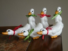6 - Vintage Ceramic Geese  Ducks Brown Speckled With Ribbon Bow FREE SHIP