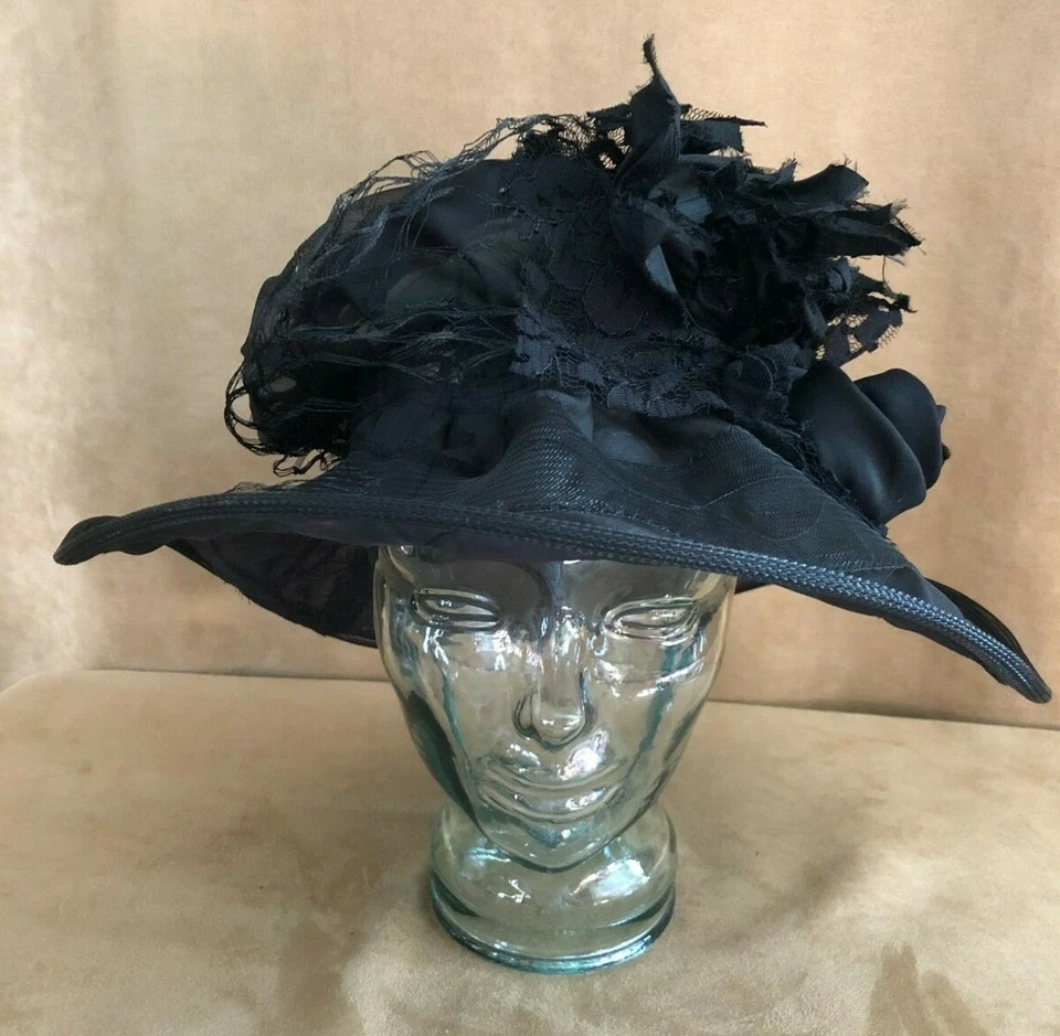 Vintage hecho a mano sombrero negro flor crinolina slip reciclado mujer disfraz Foto 2 de 4