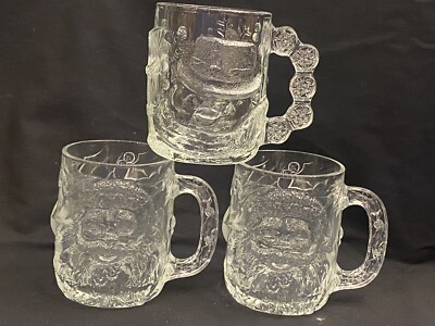 3 Luminarc USA Heavy Clear Glass Mugs cup 2 Santa Face 1 Snowman Christmas