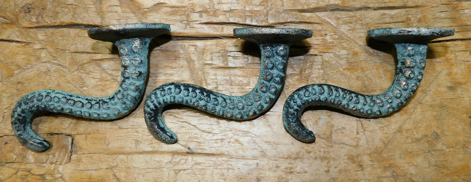 2 Cast Iron OCTOPUS TENTACLE Wall Hooks Bathroom Towel