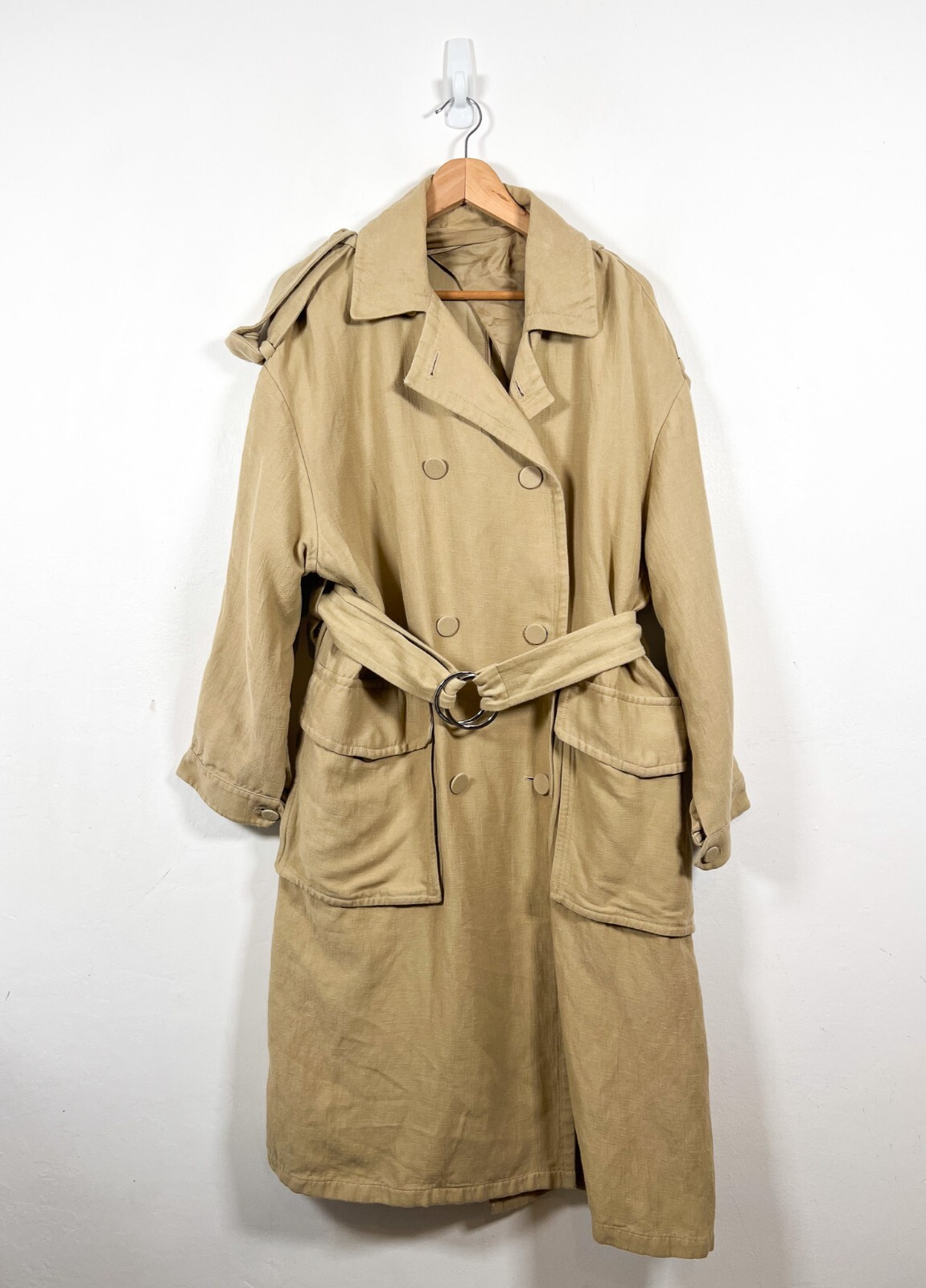 ALTRA & Other Stories Trench Cappotto Donna 42 UK 14 Beige Misto Lino Giacca Lunga Oversize