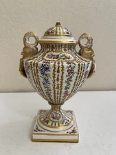 Antique Edme Samson Porcelain Sevres Style Urn Vase Floral Gold Dolphin Shell