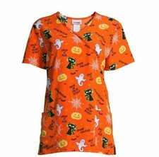 -SPOOKY CATS GHOSTS ORANGE HALLOWEEN SCRUB TOP POLYESTER SPANDEX NEW XL,2X,3XL