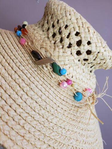 Island Beach Sun Hat Paper Packable Beaded Band Straw Wide Brim One Size - Picture 3 of 8