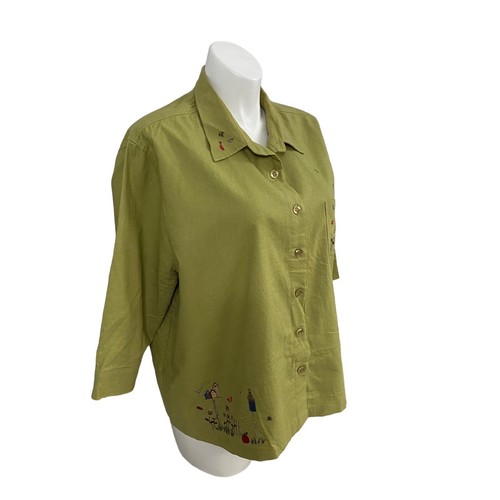 Camisa CJ Banks Mujer 3X Verde Bordada Cottagecore Pájaro Flor Top Lino - Imagen 9 de 17