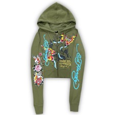 Ed Hardy Butterfly Sage Cropped Zip Up Hoodie Size Medium