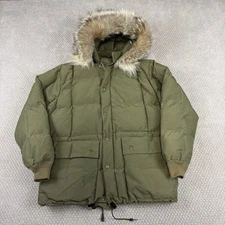 Vtg Eddie Bauer Kara Koram Goose Down Parka Sz Large Coyote Fur Hood 70s Green