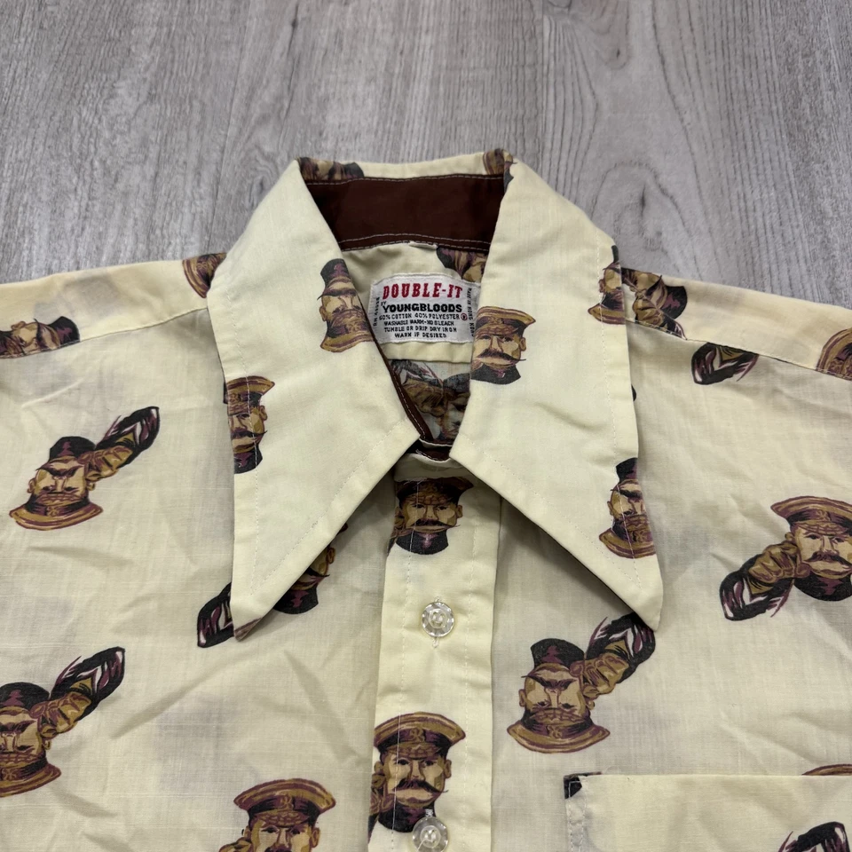 Vintage Double-It Youngbloods Shirt Mens 16.5 Beige Graphic Long Sleeve 70s USA - Image 3 of 4