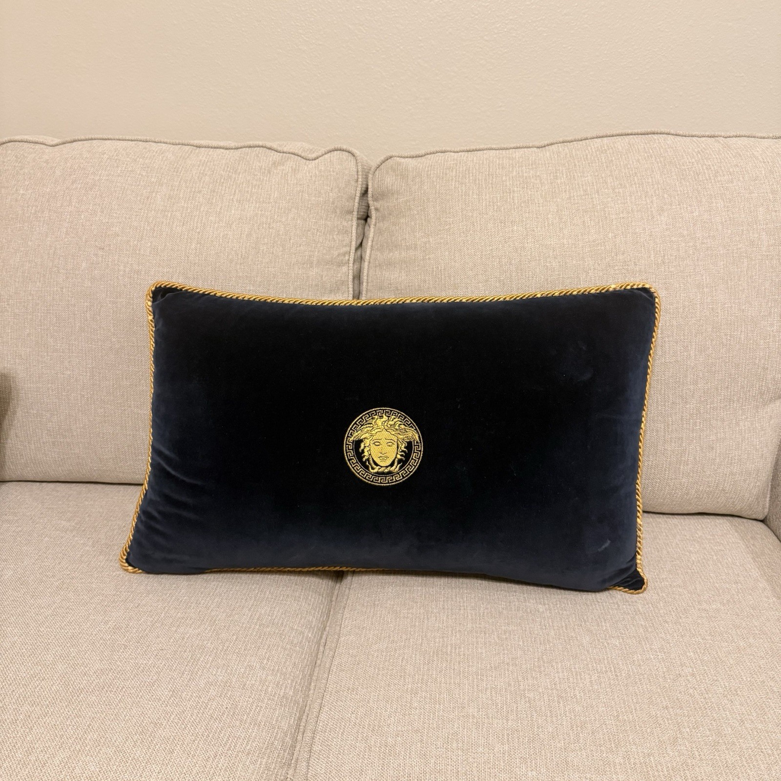 Gianni Versace Decorative Pillow Gold Embroidered Medusa Blue Velvet Designer  thumbnail 2