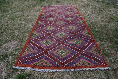 Vintage Turkish Rug, 5,6x11,7 ft Large Rug, Red Blue Handmade Wool Rug
