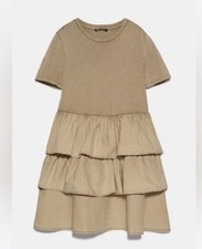 Zara Woman Beige Ruffled 100% Cotton Tshirt Dress, size Small