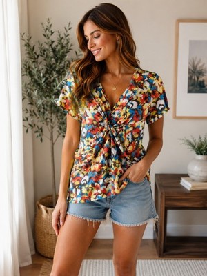 Rafaella Studio Womens XL Abstract Floral Twist Front Blouse Career Casual Soft