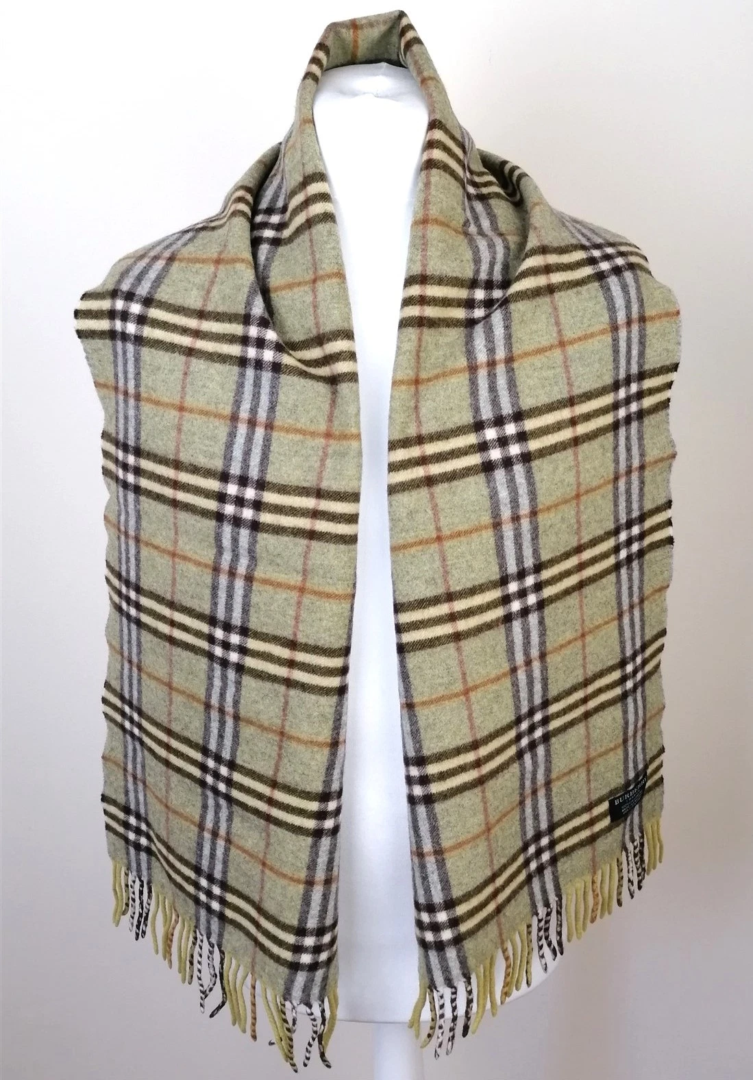 Burberry London Olive Green Cream Nova Check Scarf One Size *100% Cashmere 2-142
