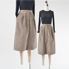 Vintage 80s Corduroy Taupe Brown Pleated High Waisted Minimalist Midi Skirt S M