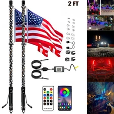 One Pair 2ft Whip Lights RGB LED Lighted Antenna with Flag & Remote for UTV ATV
