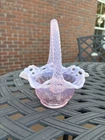 Fenton Glass Basketweave Candy Dish Pink Opalescent Open Lace Basket