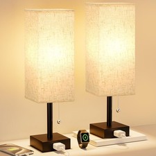 Bedside Table Lamps for Bedroom Set of 2 - Small Rectangular Nightstand Lamp wit