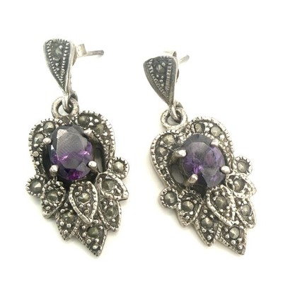 Art Deco Ohrringe 925er Silber Amethyst & Markasiten 3,5cm Vintage Ohrhänger