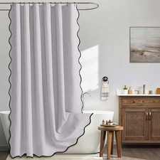 Lavender Scalloped Shower Curtain Linen Textured with 12 Metal Hooks Cute Heavy