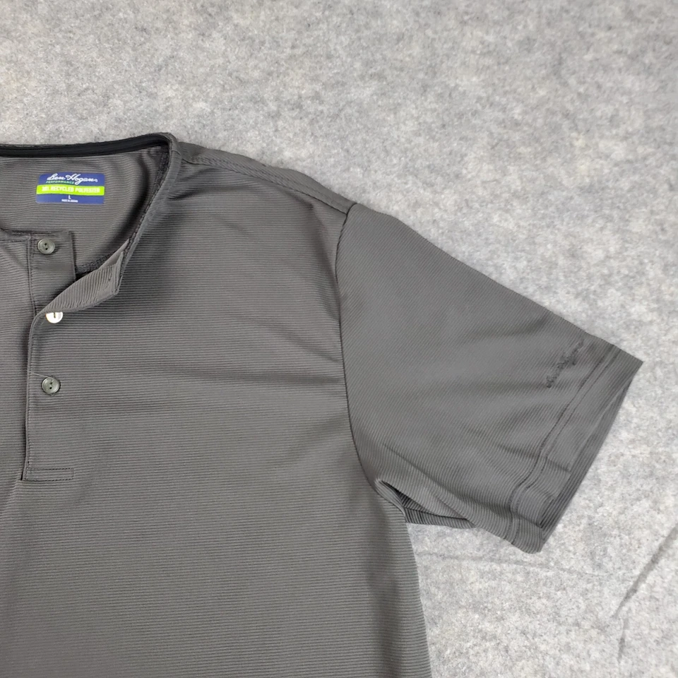 Camisa Ben Hogan Hombre Grande Gris Rayas Henley 1/4 Botón Manga Corta Logo Informal Foto 3 de 4