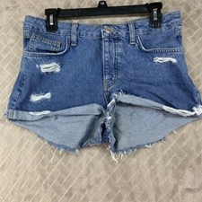 Forever 21 Concert Short Womans 28 Denim Jean Blue Distressed Button Fly Fray