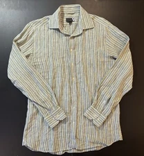 Saks Fifth Avenue 100% Linen Striped Button Up Shirt Green Blue White M Casual