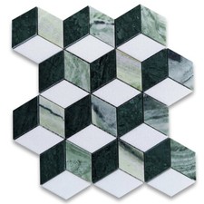 T34K2XP Thassos White Marble Illusion 3D Rhombus Hexagon Mosaic Tile Green