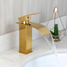Gold Bathroom Basin Waterfall Spout Mixer Single Handle Hole Faucet Deck Mount