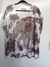 Chico's size 3 (2X US) white shirt w/ gray/pink elephant design. Excellent