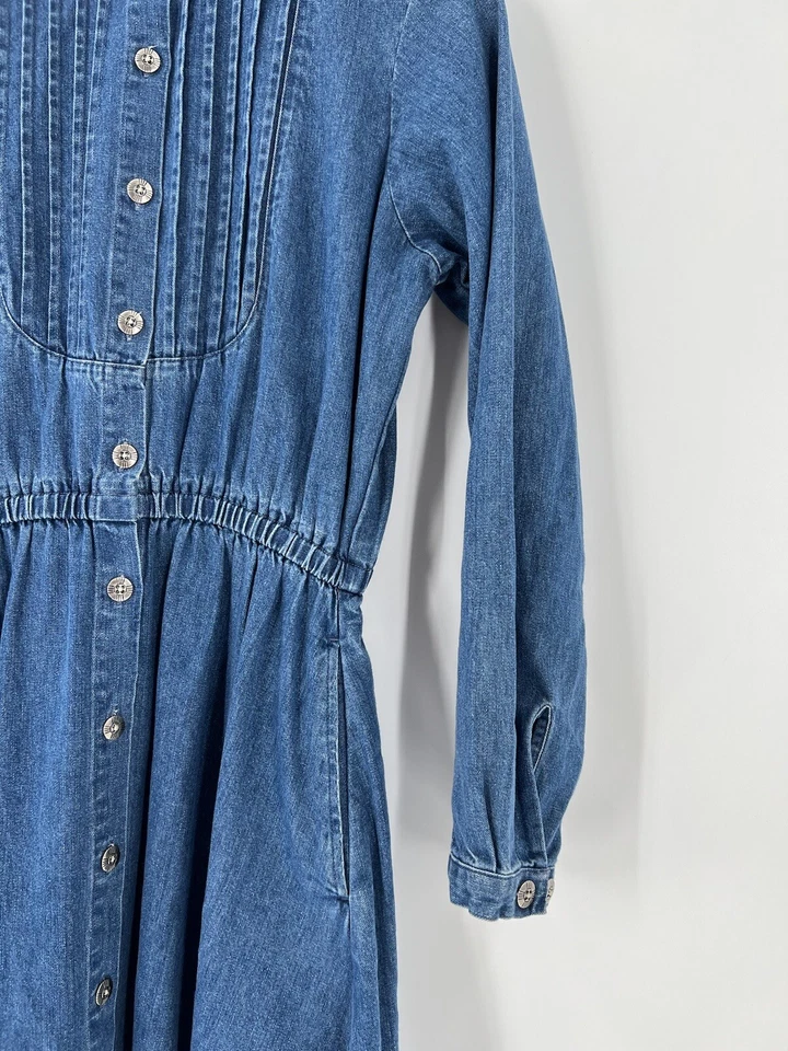 Vestido Camisa Orvis Mujer 4 Petite Azul Denim Maxi Mangas Largas Plisado Botón Foto 2 de 4