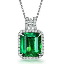3Ct Emerald Lab Created Green Emerald Halo Pendant Necklace 14K White Gold Over