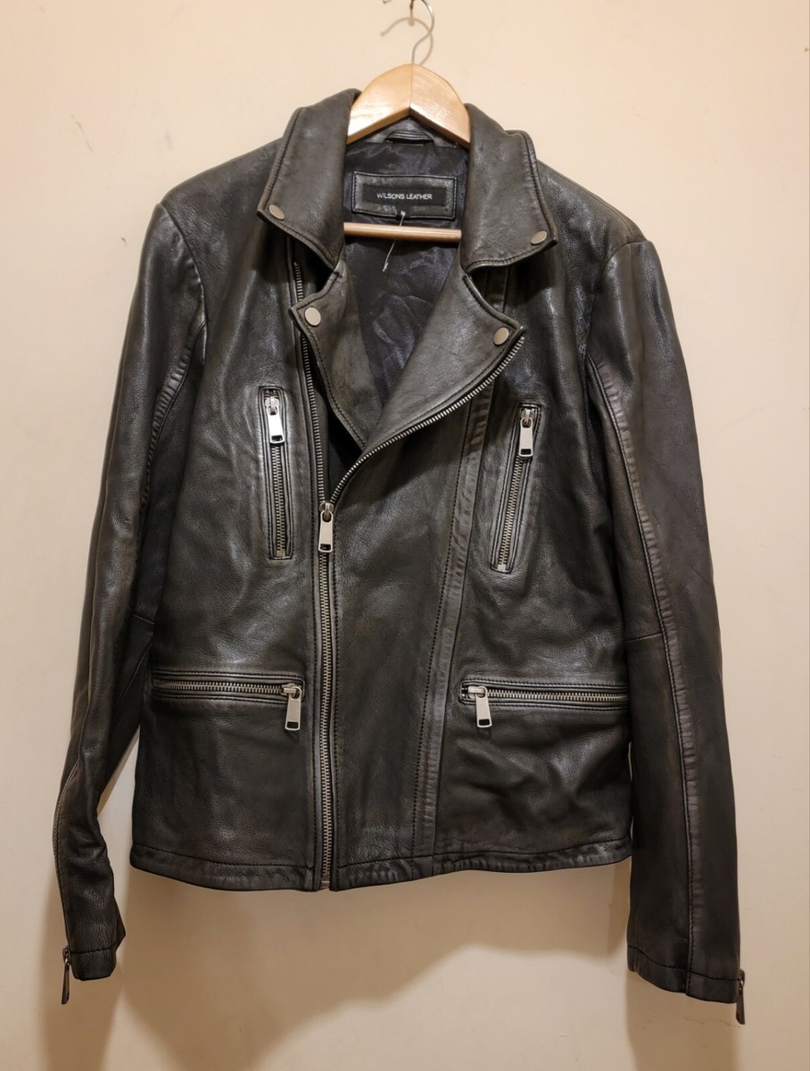 Wilson Leather Men Moto Leather Jacket Olive Black Sz M