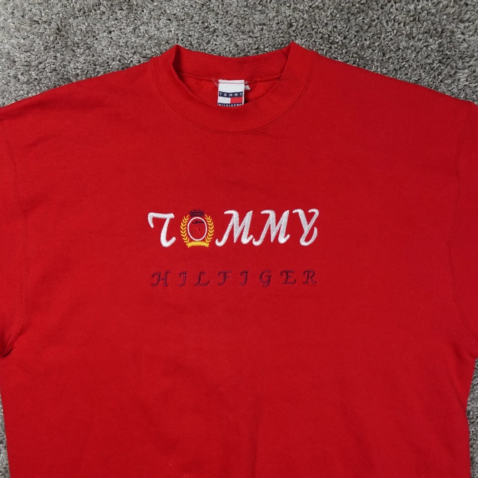 Suéter Tommy Hilfiger Para Hombre Grande EE. UU. Spellout Años 90 Rojo Cuello Redondo Bordado Foto 3 de 4