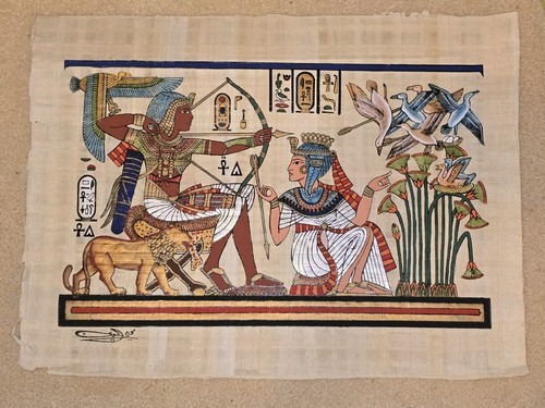 Hand Painted Ancient Egyptian Papyrus -King Tut & Queen Hunting - Picture 2 of 8