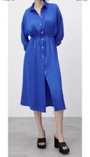 Zara Cobalt Blue Gathered Satin Dress Size S UK 8/10/12 BNWT