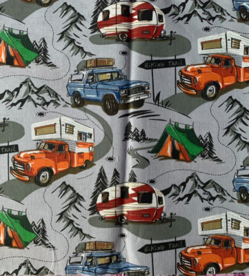 Campers Camping Scrap 9''x 21 , Cotton Fabric, Fat Eights, outdoors, truck, jeep
