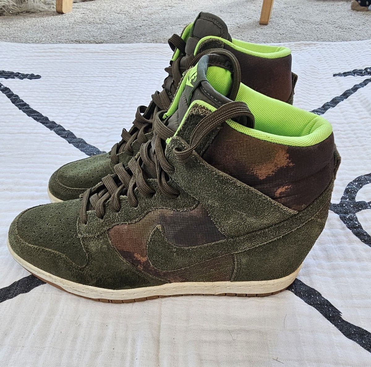 Nike Dunk Sky Hi Camo Green Suede Camo Print Wedge Trainers Ladies