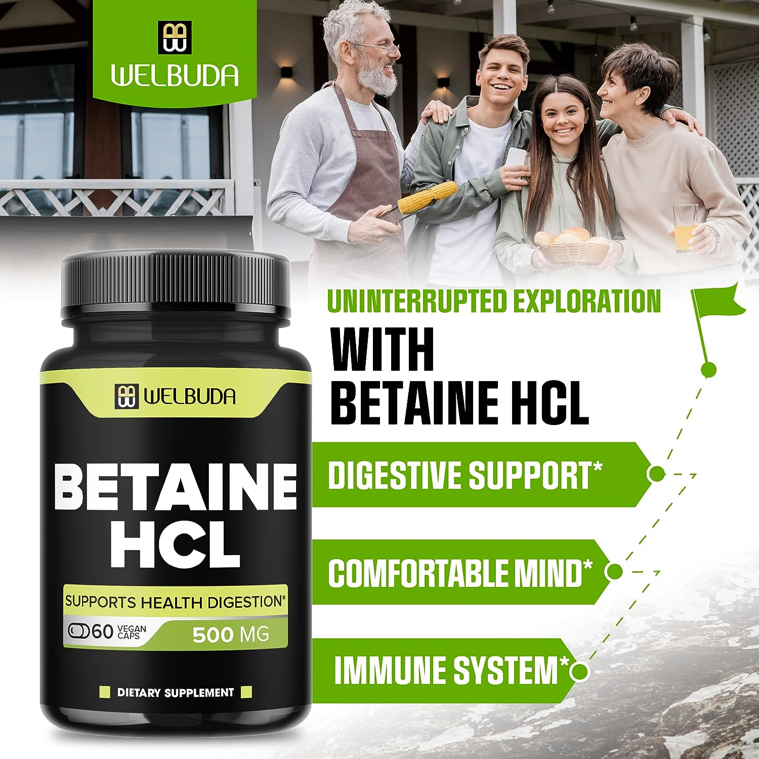 Betaine Hcl Supplement 500Mg 60 Capsules 2 Months Support Digestive