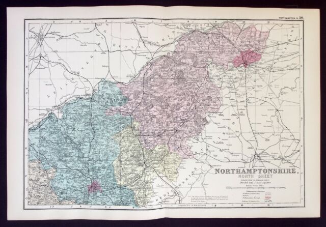 NORTHHAMPTONSHIRE antica mappa originale della contea vittoriana Bacon 1890-
