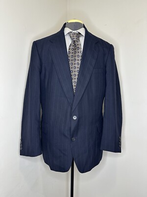 Mens 42R Blazer Navy Blue Stripe 2 Button 46'' Sport Coat Suit Jacket Hardy Amies