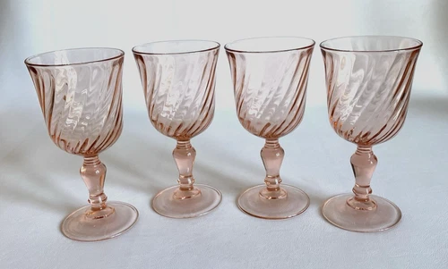 4 Vintage Luminarc Rosaline Pink Optic Swirl Depression Glass Wine Glasses