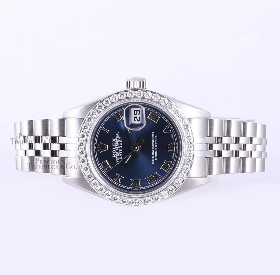Rolex Lady Datejust 26 mm 79190 Jubilee azul marino esfera romana bisel de diamantes Foto 3 de 4