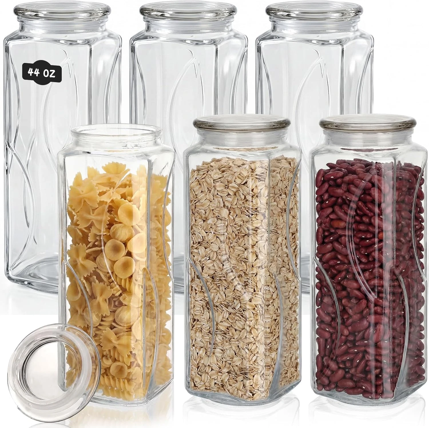 44 Oz Square Glass Storage Jars - 6 Set with Airtight Lids & Ergonomic Grip