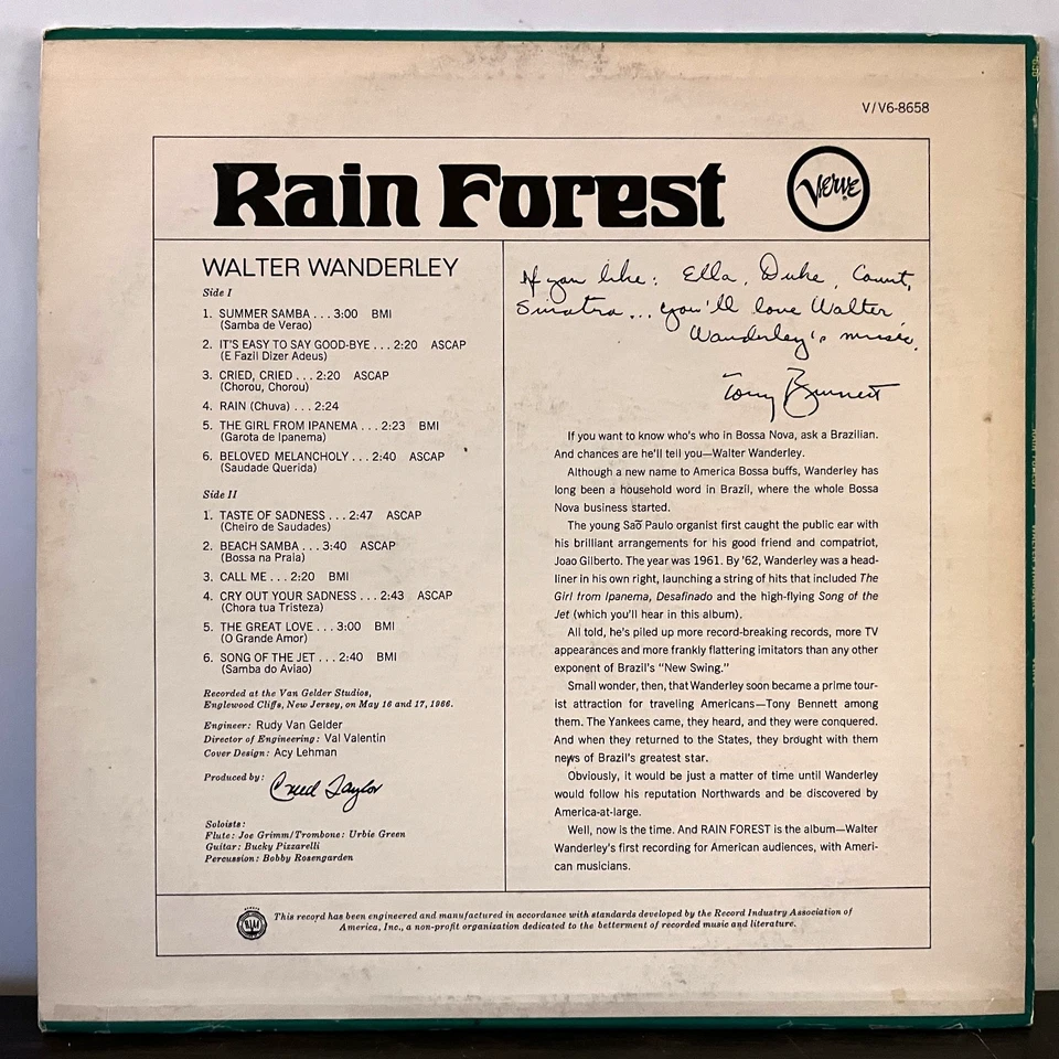 WALTER WANDERLEY - Rain Forest (1966 Verve) - 12" Vinyl Record LP - VG+ - Image 2 of 3